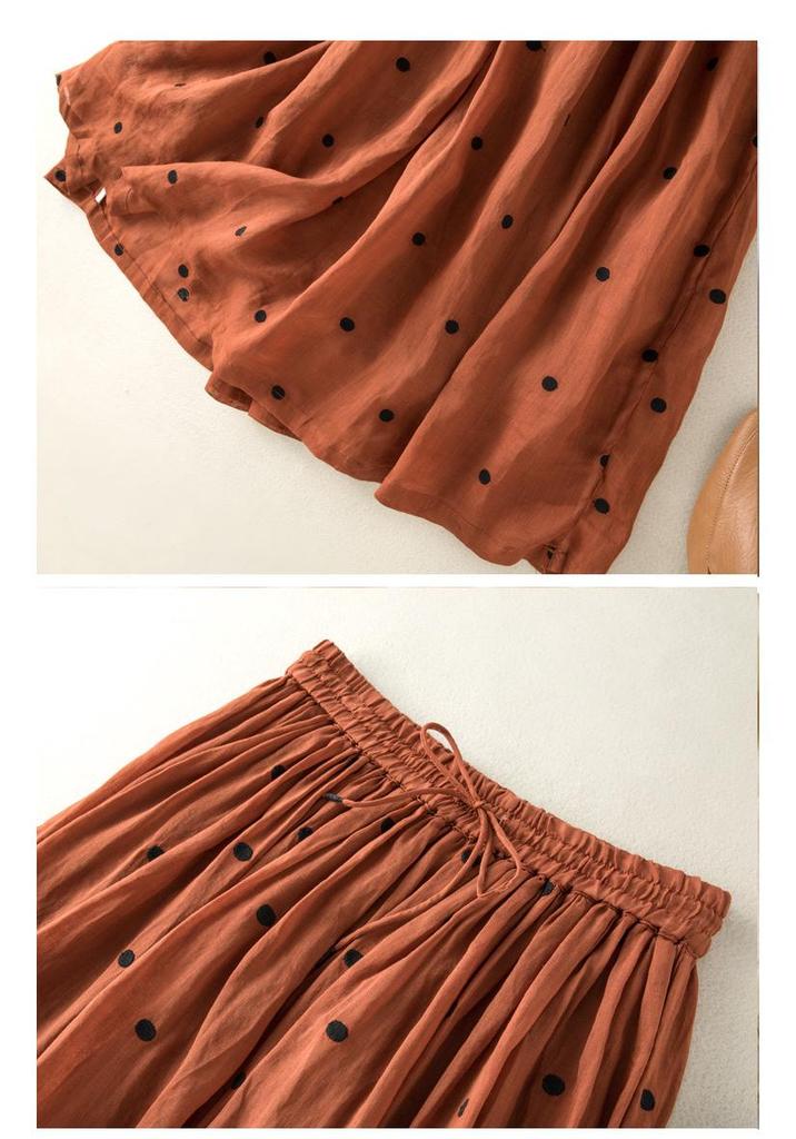 2025 Spring/Summer Women's Cotton Linen Polka Dot Pleated Midi Skirt with Elastic Waist