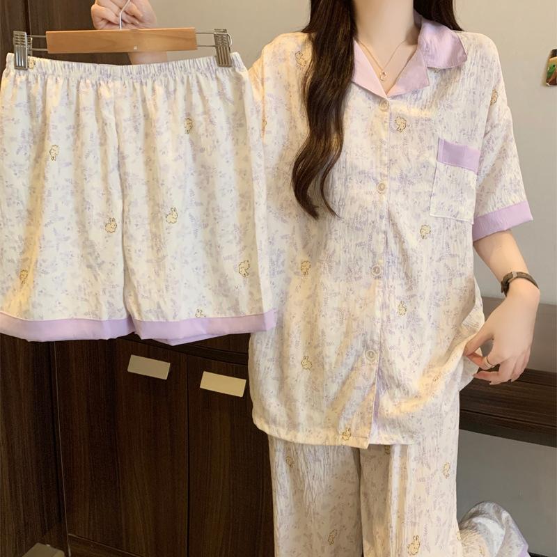 Pastoral Dream Purple Floral Pajamas Women'S Summer Short-Sleeved Cardigan Cute Rabbit Three-Piece Loungewear