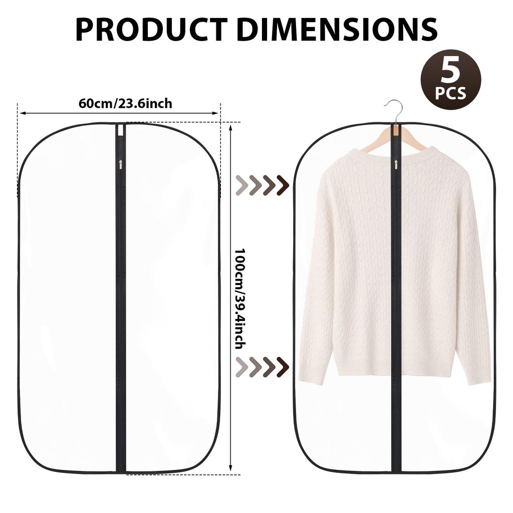 5Pcs Garment Bag Transparent Suit Dust Proof Cover with Zipper Multi-role Travel Dress Bag Wardrobe Storage Bag for Home Travel