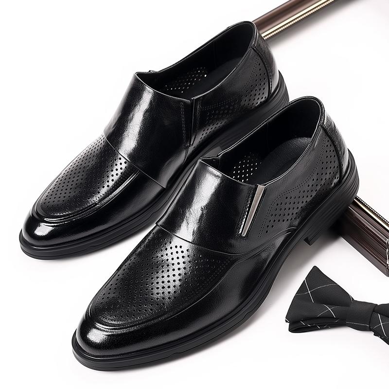 New Men's Cowhide Hollowed Out Business Leather Shoes English Korean Leather Office Breathable Hole Shoes Cool Leather Shoes