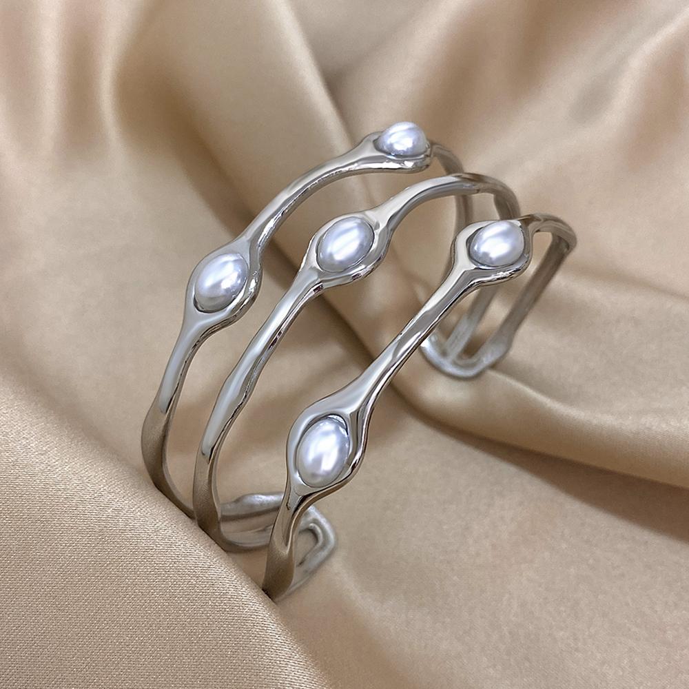Vintage Layered Gold Plated Pearl Stainless Steel Bracelets for Women Men Bohemia Wide Cuff Open Wrist Party Jewelry Gift