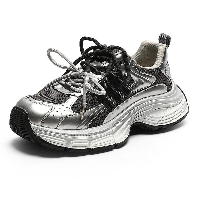 Thick-soled heightening small sports shoes women's spring new leather splicing mesh breathable casual dad shoes