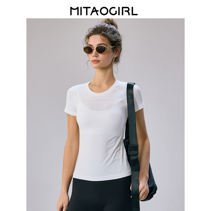 Mitaogirl Kendall Sports Tops Women's Breathable Quick-Drying Workout Clothes Running Fitness Yoga Shoulder White T-shirt