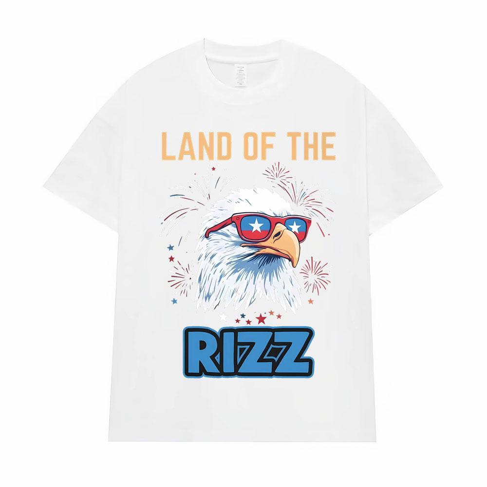 Vintage Land of The Rizz T Shirt Funny Patriotic Bald Eagle Sunglasses Oversized T-Shirt for Men Women Harajuku Fashion T Shirts