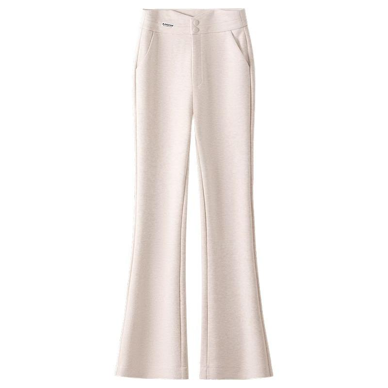 Beige Woolen Micro-Flare Pants for Women - Autumn/Winter 2024 Collection, Slimming Thick Cashmere for Petite Sizes.