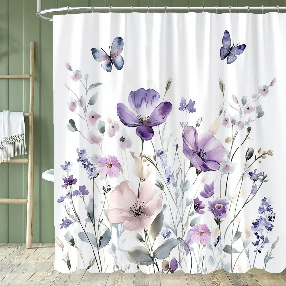 1PC Purple Flowers Shower Curtain,  Watercolor Floral and Plants Bathroom Decorative Curtain,Polyester Home Curtain with Hooks