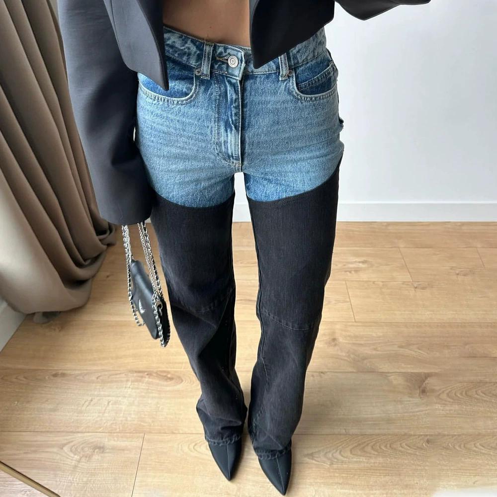 Streetwear Vintage Spliced Slim Jeans Women Y2K Fashion High Waist Straight Denim Pants Casual Distressed Washed Jeans