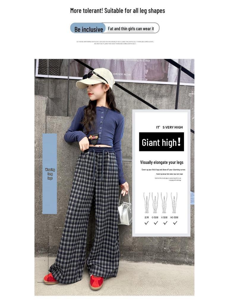 Girls' Plaid Wide-Leg Pants 2025: New Children's Loose Spring & Autumn Casual Straight-Leg Trousers for Big Kids