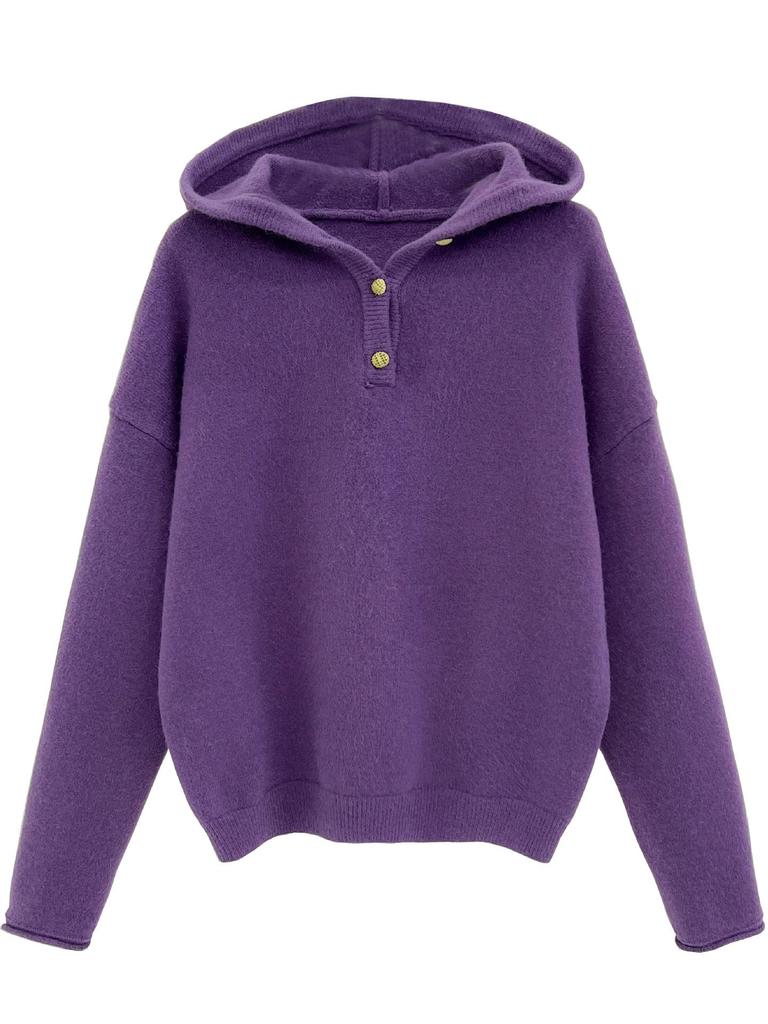 Cozy Purple Hooded Knit Sweater for Women - Soft & Stylish Autumn/Winter Essential