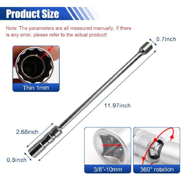 16 mm Magnetic Spark Plug Socket with 12 Inch Extension, 3/8'' Drive 12 Point Swivel Spark Plug Thin Wall Socket, Magnetic Spark Plug Wrench Removal