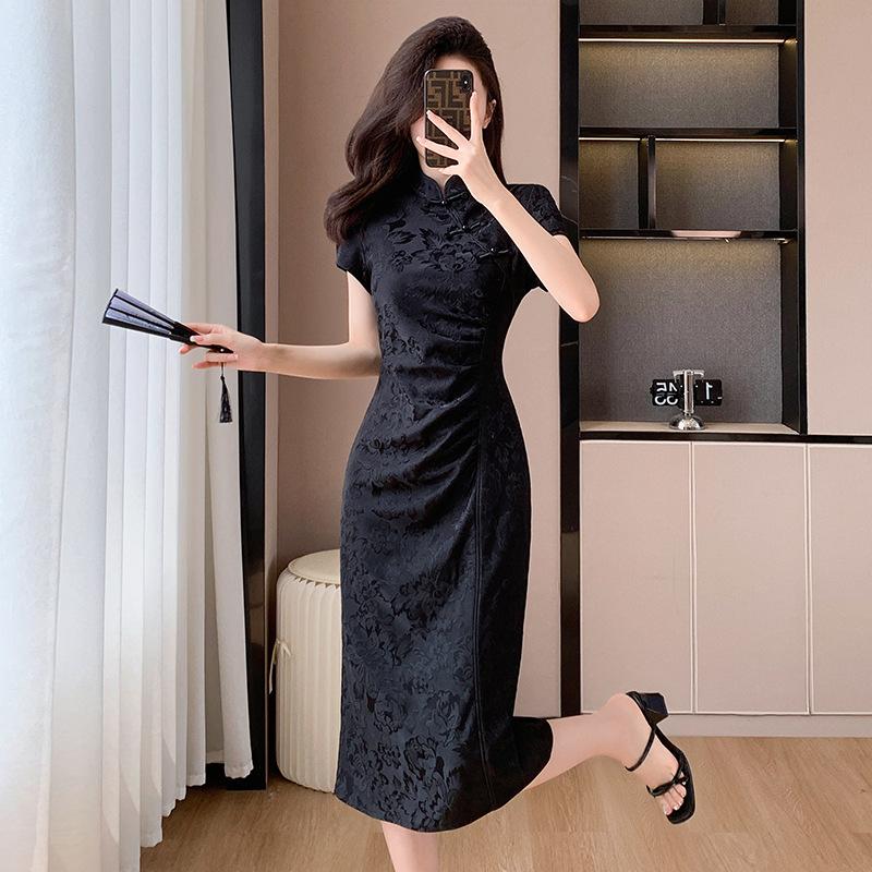 High Quality Retro Summer New Fashion New Chinese Style Improved Temperament Elastic Jacquard Thin Cheongsam Dress Women