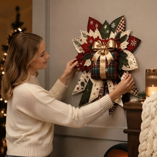 Handgefertigte Stoff-Weihnachtsdekorationen DIY Gesteppte Schleife Nähbastelset, Vorgeschnittene Patchwork-Feiertagsmaterialien für Erwachsene Set, Türhänger Wandkamin Zuhause