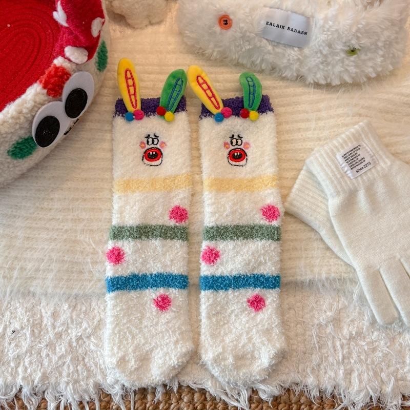 Coral fleece socks women's embroidery funny expression socks clown socks winter warm cute cartoon doll medium tube socks