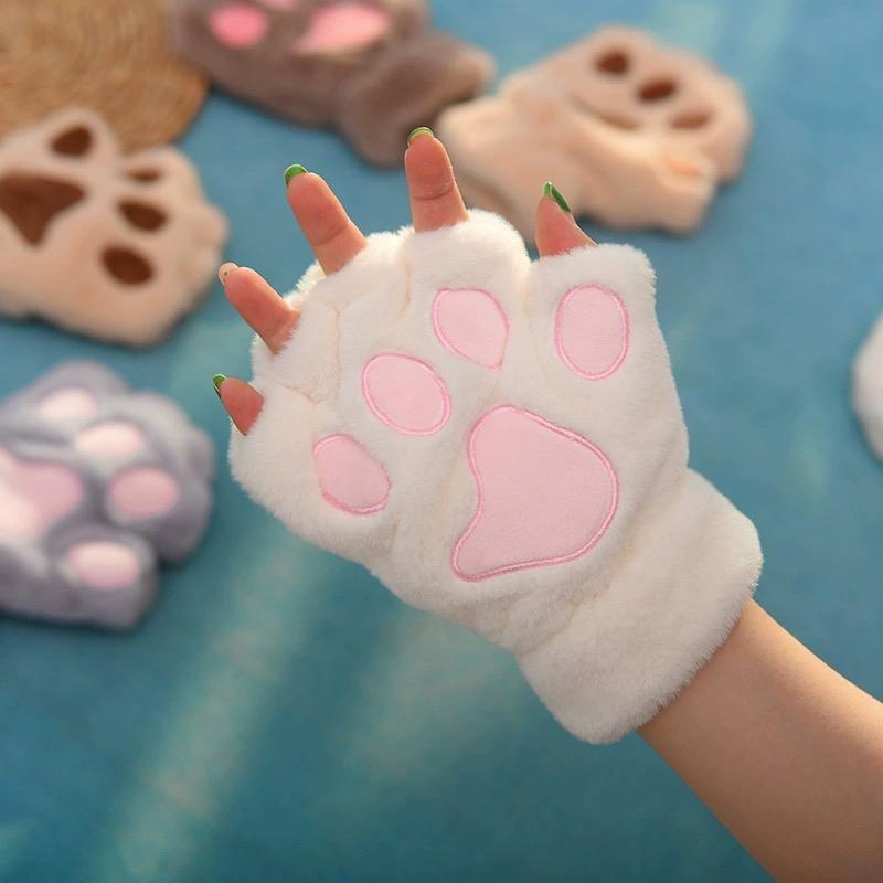 Cartoon Winter Gloves Women's Bear Plush Cat Paw Claw Gloves Cute Short Fingerless Fluffy Bear Claw Mittens For Girls Gift Party