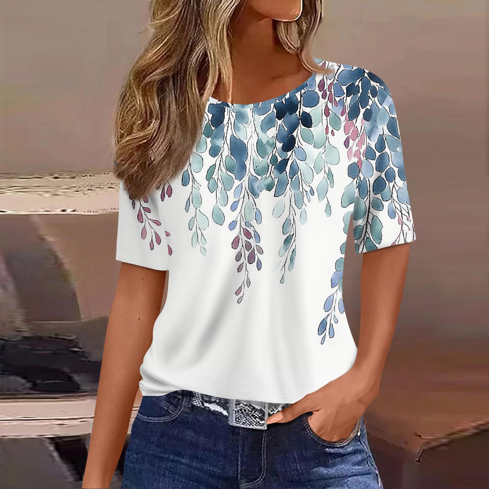 

Футболки для женщин, плиссированные, с круглым вырезом, нарядные, повседневные, блузки с принтом, с коротким рукавом, летние топы, свободный крой XL небесно-голубой