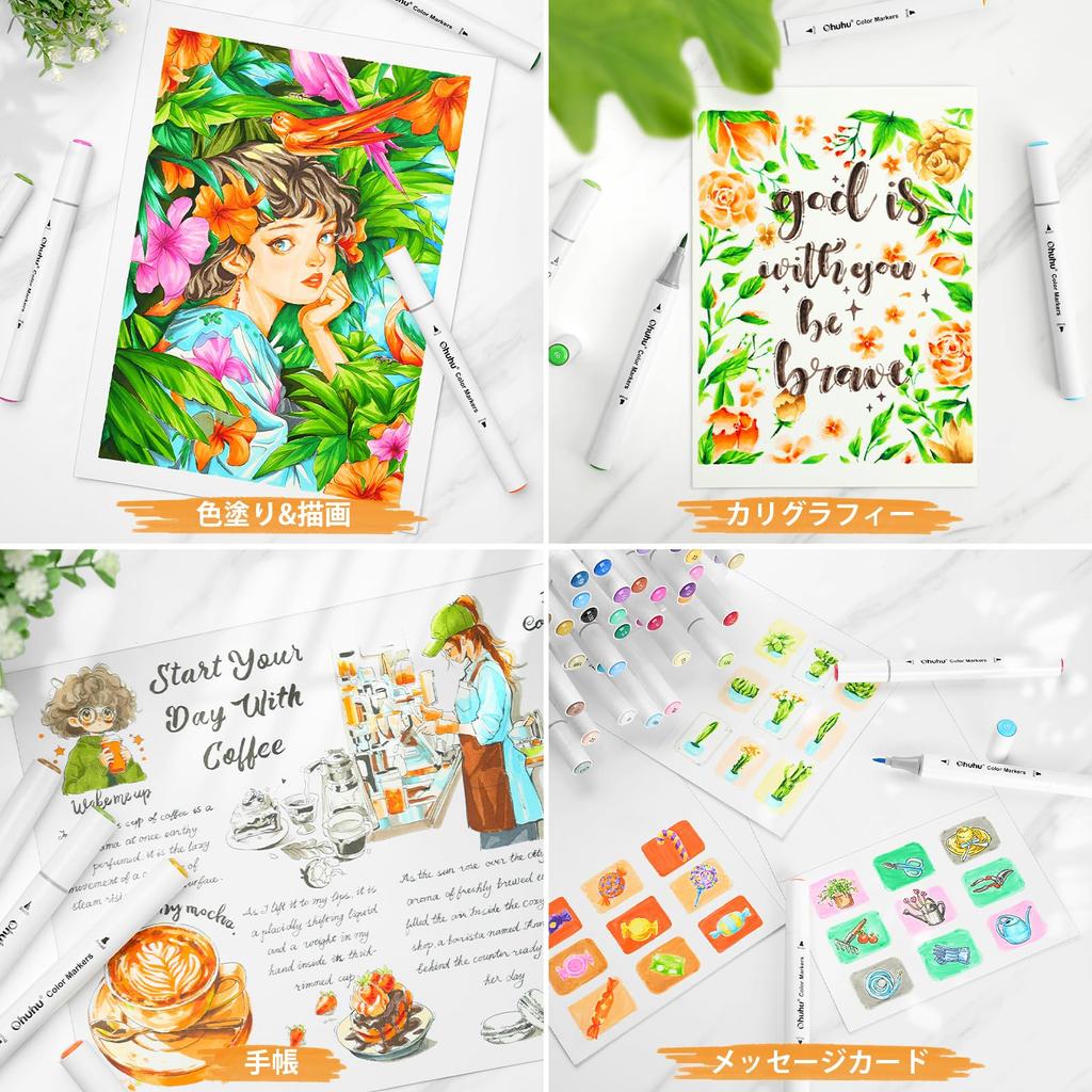 Markery artystyczne Ohuhu 60 sztuk w 59 kolorach z pędzelkiem, akwarelowe, idealne do kolorowania obrazków, z etui do przechowywania. Markery na bazie wody, Kolory, Końcówka, Marker, Na bazie wody