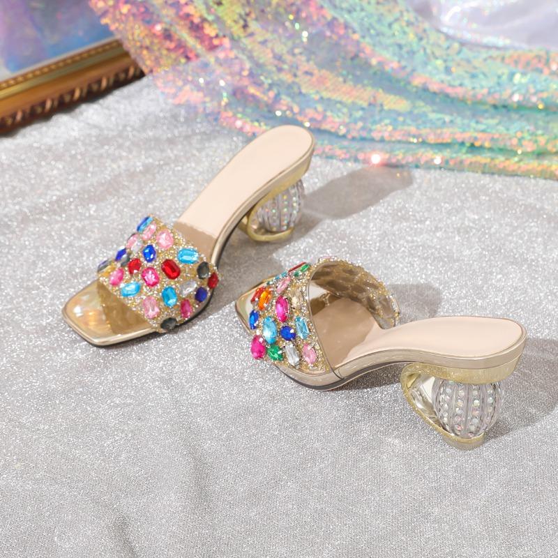 New Style Fashionable Mixed Color Gem Diamonds Women Strange Transparent Heels Slipper Summer Sandal Sexy Square Toe Dress Shoes