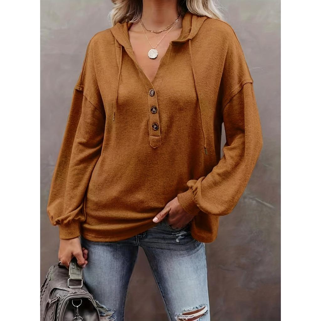 Women's Solid Color Oversized Hoodie, Casual Comfortable V Neck Button Front Sweatshirt, European American Style Crossbody Top for Women
