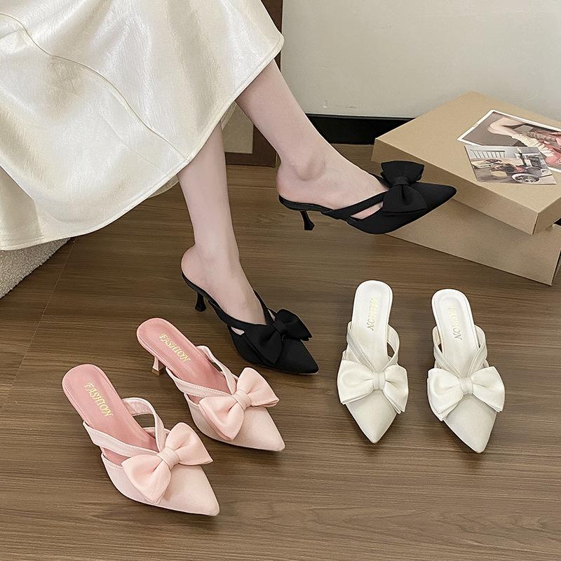 High-heeled Half-bag Head Slippers Women's Spring and Summer 2025 French Pointed Bow Hollow Fairy Style Pink Sandals