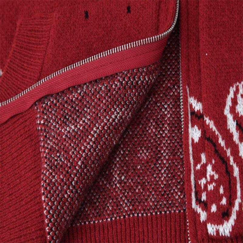 Women Long Sleeve Knit Cardigan Jacket Zipper Decor Geometric Pattern Loose Fit