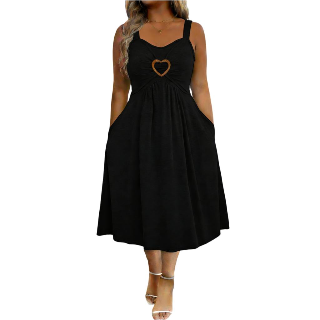 Women’s Sleeveless V Neck Heart Button Strap Dress with Flared Hem and Relaxed Fit for Casual and Daily Wear