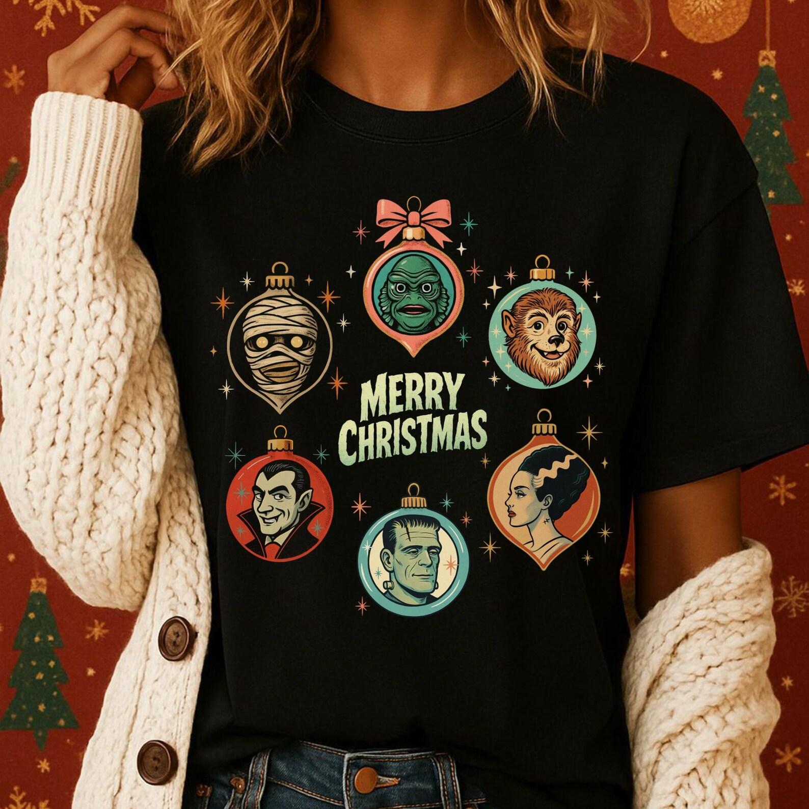 Retro Monster Christmas Ornaments Shirt • Vintage Horror Holiday Tee • Spooky Xmas Gift • Classic Monster Christmas T-Shirt 2XL
