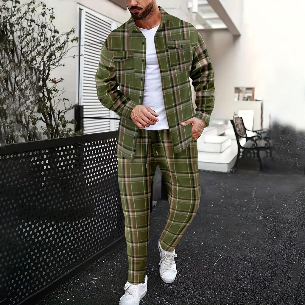 Men's Autumn Plaid Long-Sleeve Shirt and Pants Casual Sports Set