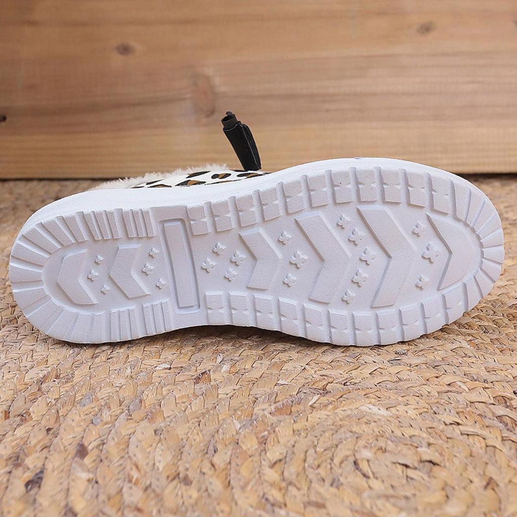 Women's Leopard Print Slip-On Snow Boots - Cotton, Plush, Flat Bottom, Large Sizes (Autumn/Winter)