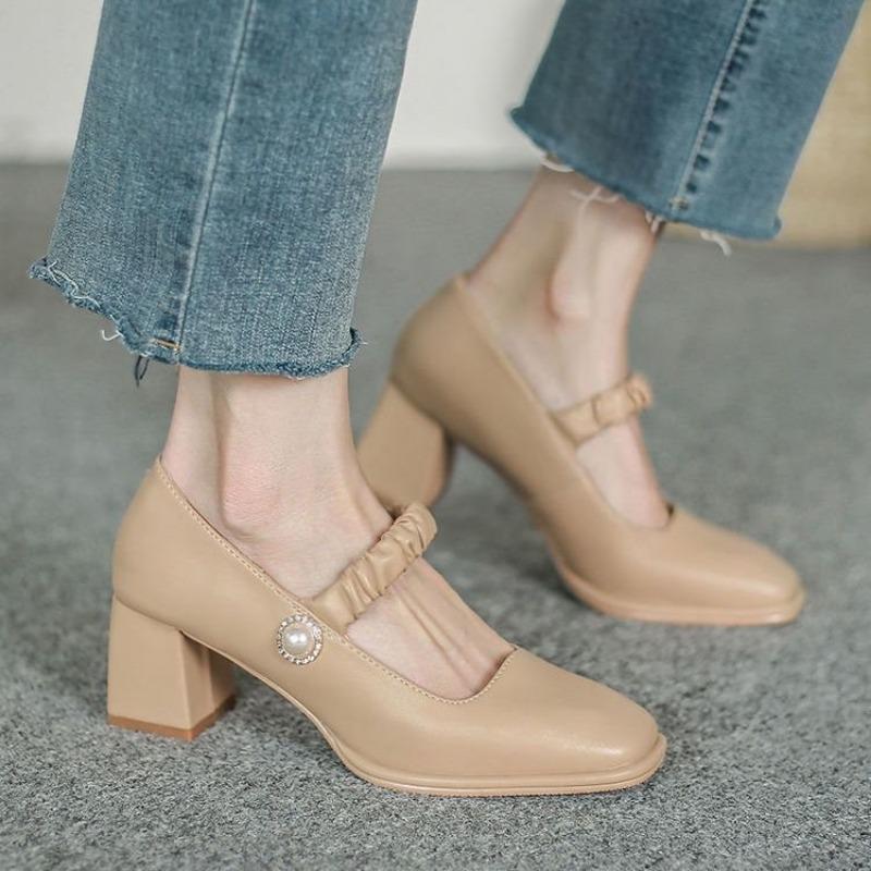 

Весна новая мода универсальный стиль средний каблук квадратный носок толстый каблук одинарная обувь женские Мэри Джейн жемчужные туфли на высоком каблуке 40 хаки