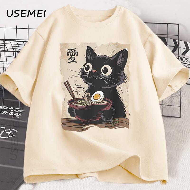 Funny Cat Ramen T-shirt Graphic Tee Japanese Kawaii Anime Cat Graphic T Shirts Men Women Casual Short Sleeve Cotton Tee Shirt