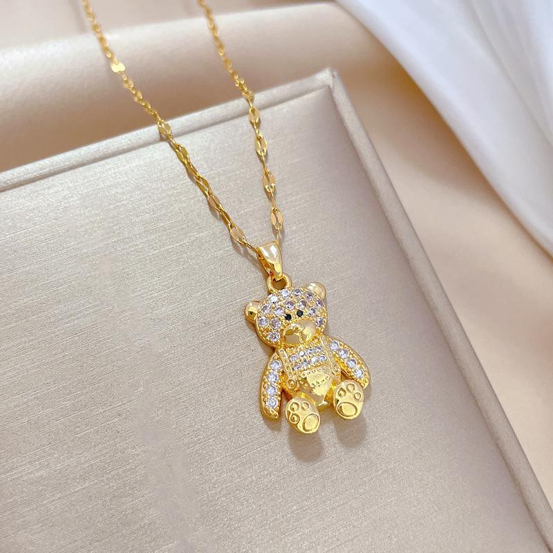 Light Luxury Temperament Gorgeous Full Diamond Heavy Industry Bear Necklace Female Versatile Collarbone Chain Titanium Steel Chain