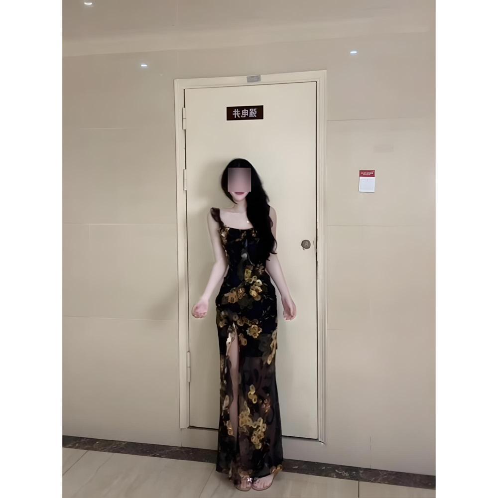 Royal sister style retro unique beautiful temperament split fork tight hip long dress floral casual suspender dress summer