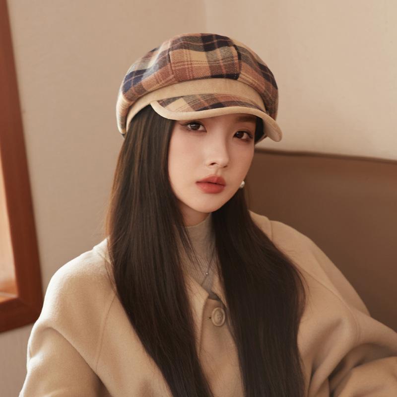 Hat Women's Yinglun Style Retro Plaid Octagonal Hat Autumn and Winter Fashion Versatile Newspaper Bee Hat High Quality Leather Edge Baseball Cap