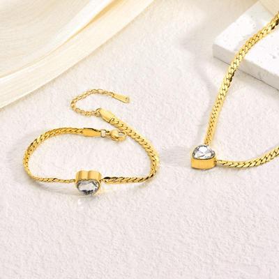 Elegant European & American Heart Necklace & Bracelet Set for Women, 18K Gold-Plated Titanium Steel with Gemstones, Non-Fading