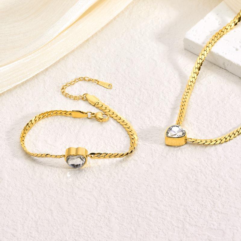 Elegant European & American Heart Necklace & Bracelet Set for Women, 18K Gold-Plated Titanium Steel with Gemstones, Non-Fading