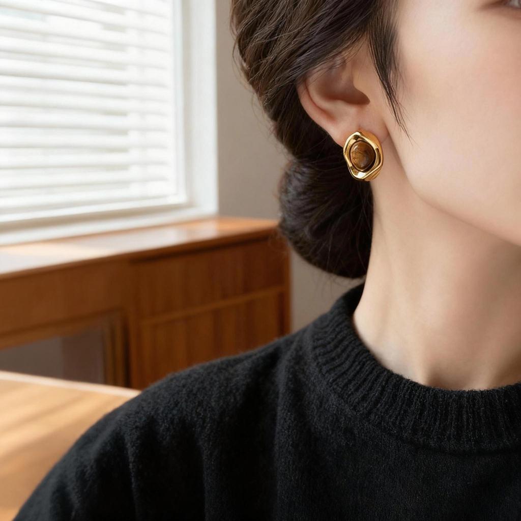Vintage Maillard Tiger'S Eye Stone Irregular Oval Stud Earrings Women'S Niche Design Temperament Earrings Ear Jewelry