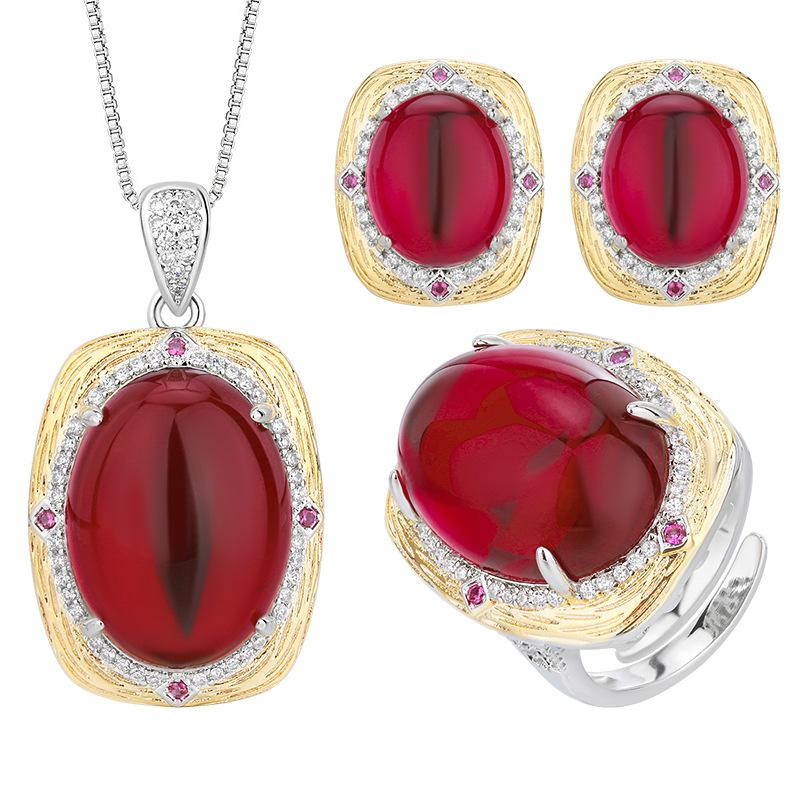 Huabi Schmuck Simulation Schlichter Roter Korund Retro Leichter Luxus Set Haupt 15 * 20-10 * 12