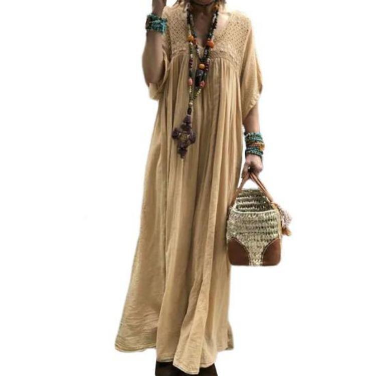 

Летнее винтажное кружевное вязаное макси-платье для женщин, пэчворк, V-образный вырез, рукава-колокольчики, свободное прямое плиссированное мягкое дышащее повседневное платье, однотонное L хаки