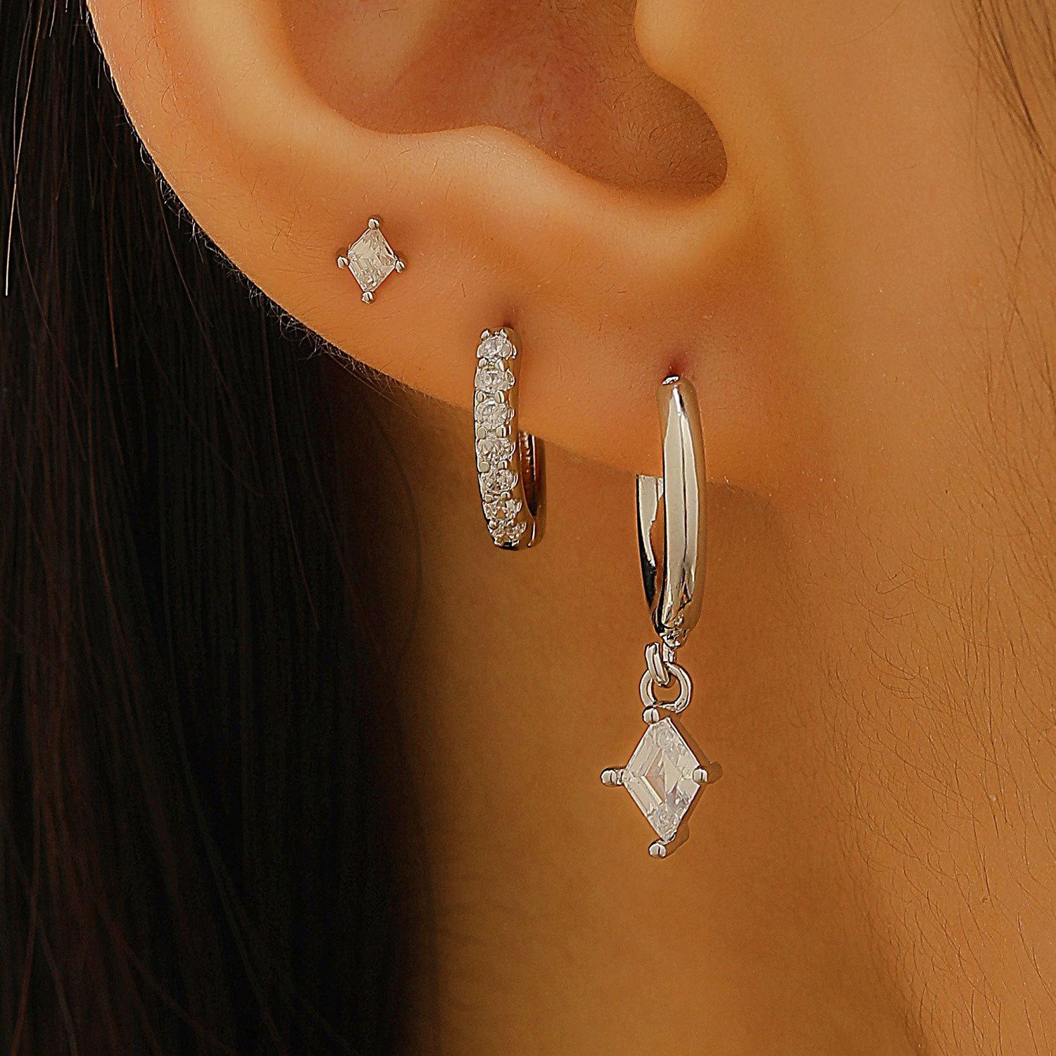 

3pcs Set Hip-hop Fashion Micro Inlay Zircon Rhombus Pendant Stud Earrings for Women Personality Charm Jewelry Set Accessory Gift