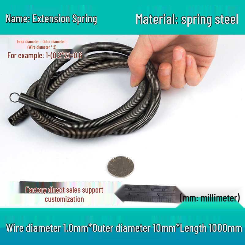1m Spring Coil Extension with Hook - Strong Tensile Force, Thin Soft Sheath, for Tarpaulins & Sliding Doors