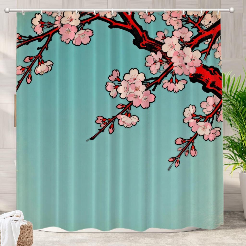 Pink Cherry Blossom Branch on Teal Background Waterproof Shower Curtain 180x200cm - Japanese Style Art Print Bath Home Decor