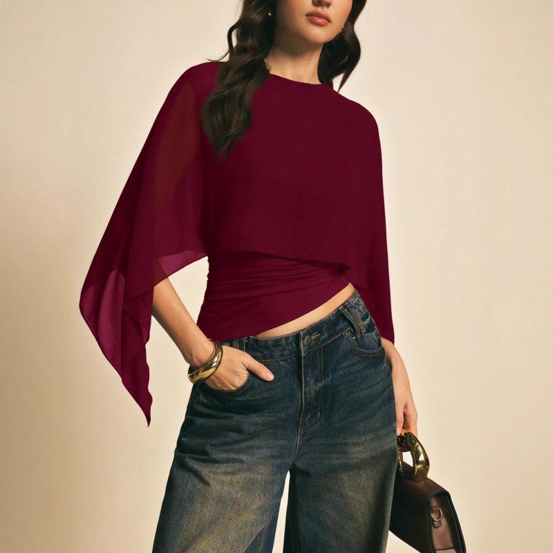 2026 Women's Cape Sleeve T-Shirt Slim Fit Round Neck Chiffon Blouse Elegant Asymmetrical Top