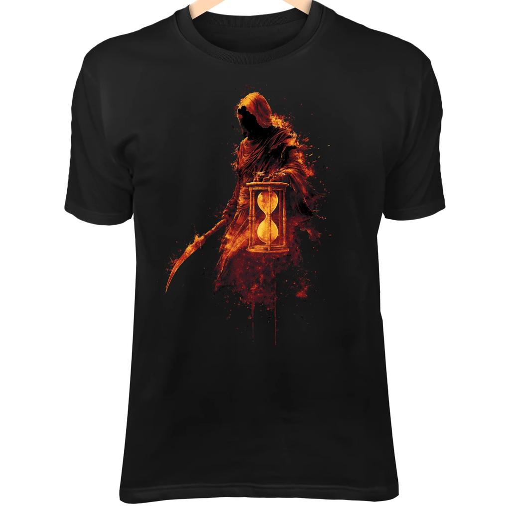 Grim Reaper II T-Shirt – Flaming Hourglass, Scythe, Time Burning Away