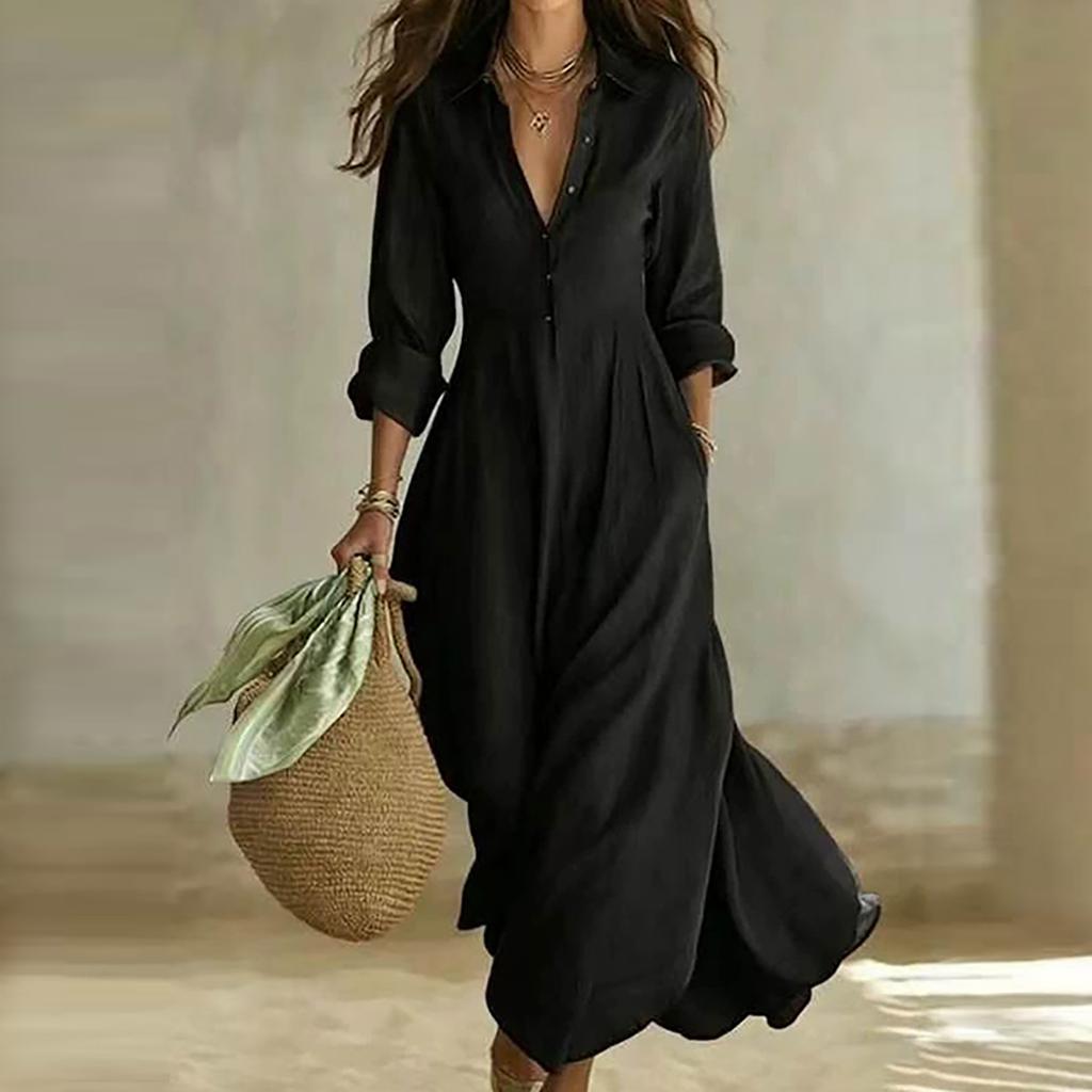 Women's Casual Vintage Shirt Dress with Long Sleeves and Button Front - Color