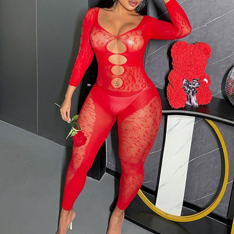 Sexy lingerie sexy hollow red mesh onesie pajamas long sleeves backless tights