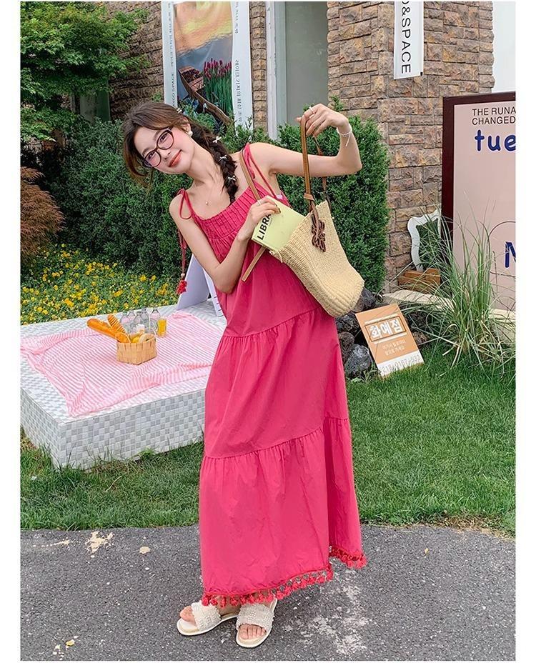 שמלת קיץ בהירה מידה גדולה לנשים אדום ורד גופיית פרינג' שמלת חוף