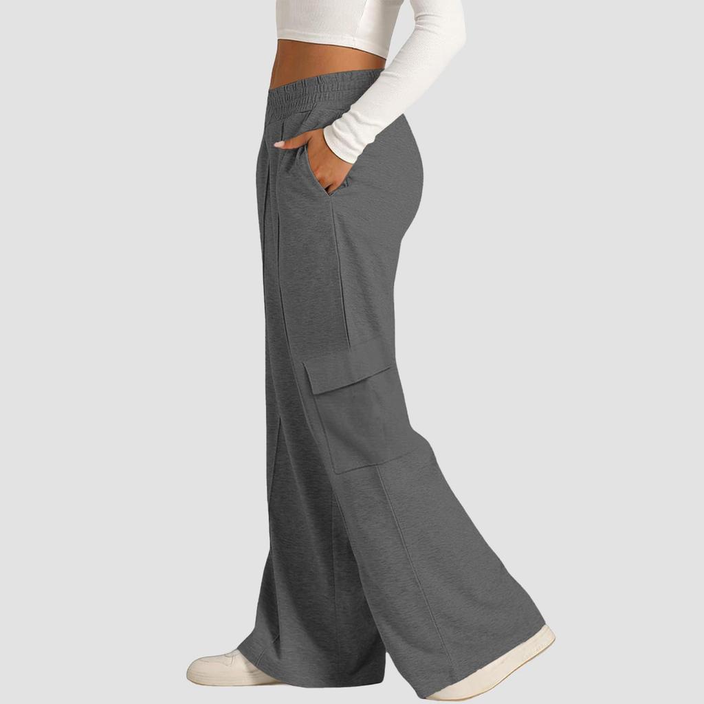 Women's Casual Fashion Color Elastic Waist Drawstring Workwear Wide Leg Pants With Pockets