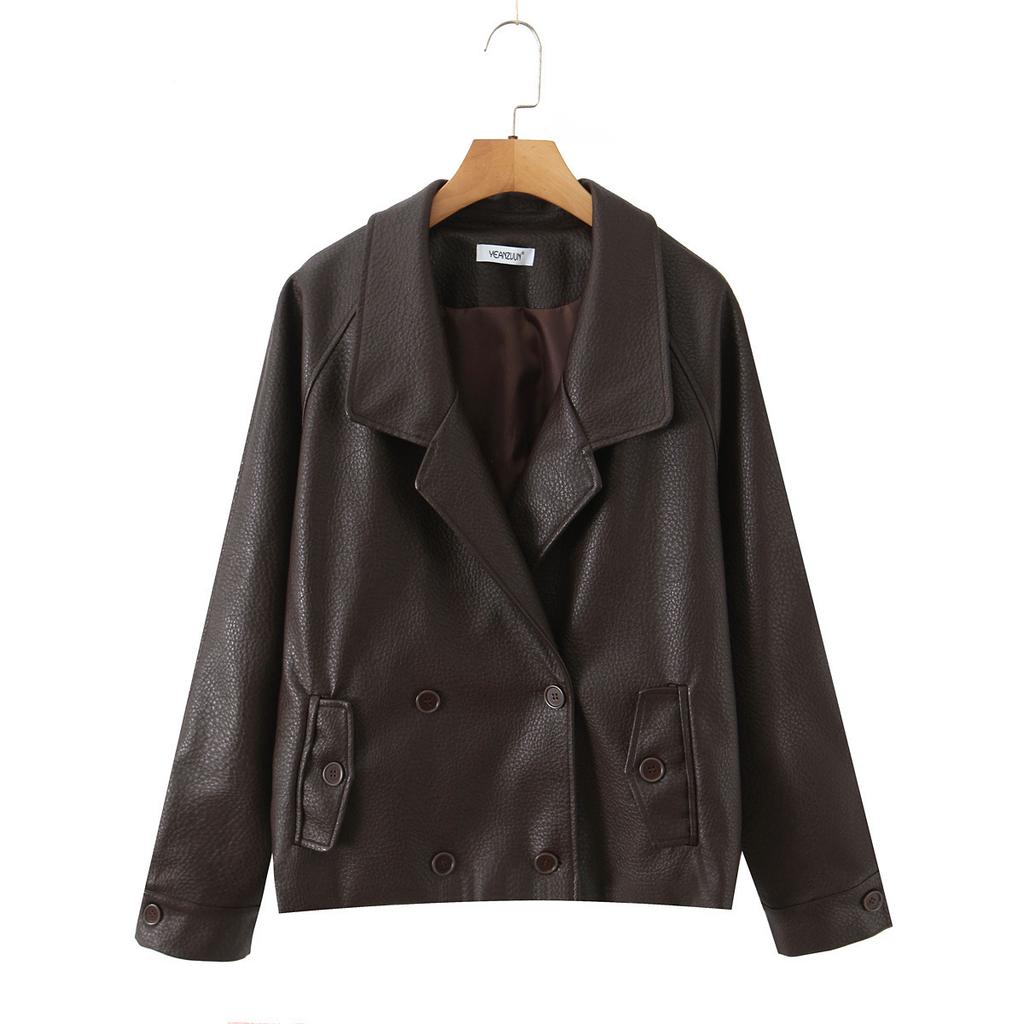 European and American Style, New Women's Fashionable Casual Vintage Double-breasted Leather Jacket