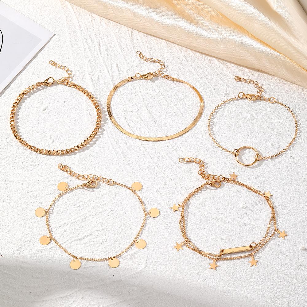 

Модний браслет на щиколотку з китицями та зміїним ланцюжком, подарунковий аксесуар, для пляжного відпочинку, для жінок, зірки, повсякденне носіння, 5 шт./набір, геометричний золотистий