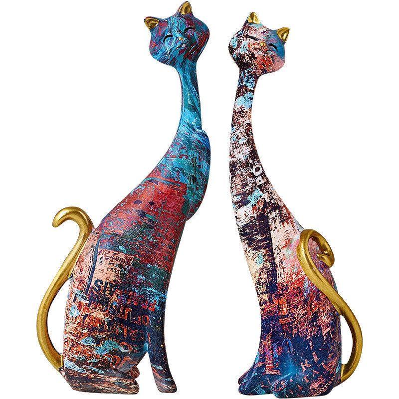 Oil Painting Couple Cat Figuirnes Decoration Home room Desktop Statue Ornaments Items Villa Club Sculpture Accessories Crafts